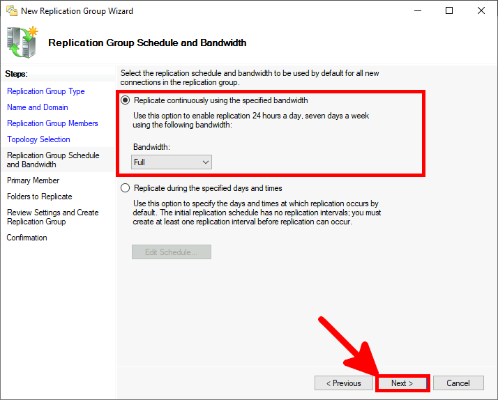 Screenshot of the Replication Group Schedule and Bandwidth step in the New Replication Group Wizard, highlighting the option to replicate continuously using the specified bandwidth, set to Full for 24/7 replication.