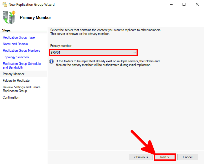 Screenshot of the Primary Member step in the New Replication Group Wizard, showing the selection of the primary member server named SRV01, which will be authoritative for the initial replication.