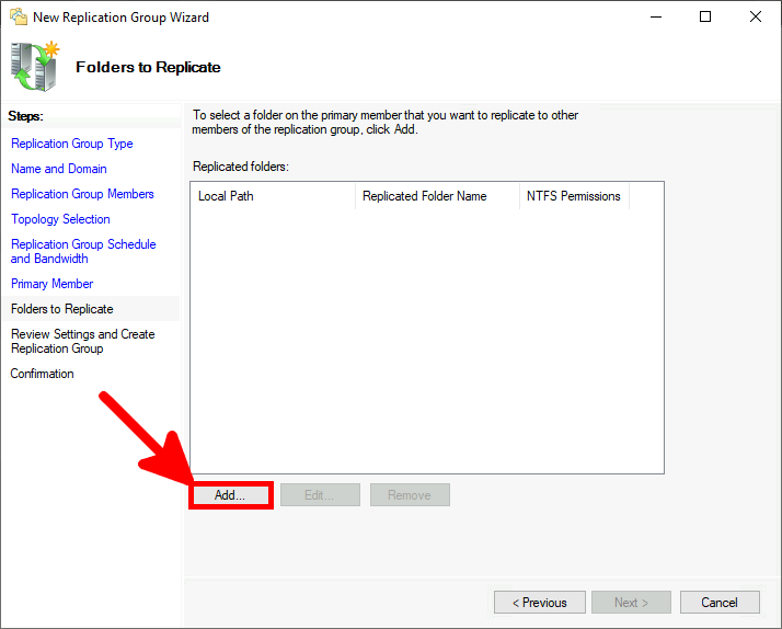 Screenshot of the Folders to Replicate step in the New Replication Group Wizard, displaying the option to add folders for replication with the Add button highlighted.