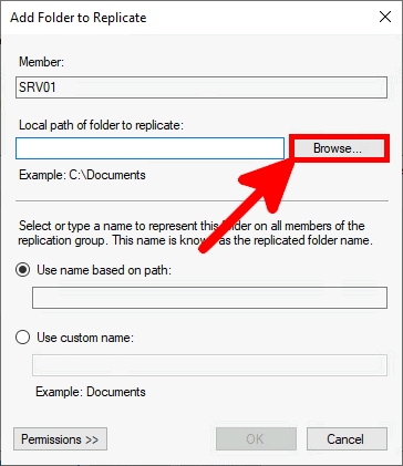 Screenshot of the Add Folder to Replicate dialog in the New Replication Group Wizard, with the Browse button highlighted to select the local path of the folder to replicate.