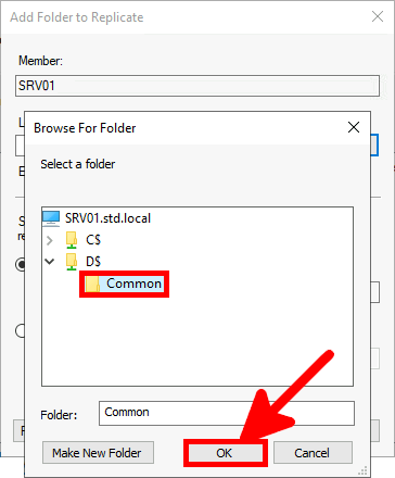 Screenshot of the Browse For Folder window within the Add Folder to Replicate dialog, showing the selection of the 'Common' folder on the SRV01 server, with the OK button highlighted to confirm the selection.