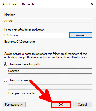 Screenshot of the Add Folder to Replicate dialog in the New Replication Group Wizard, showing the selected folder path 'D:\Common' with the OK button highlighted to confirm the replication folder settings.