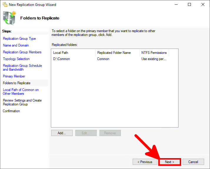 Screenshot of the Folders to Replicate step showing the confirmed folder path D:\Common, with the Next button highlighted to proceed.