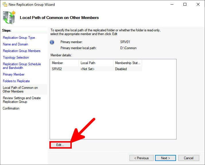 Screenshot of the Local Path of Common on Other Members step, showing details of member SRV02 with the Edit button highlighted to specify the local path or adjust settings.