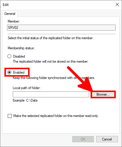 Screenshot of the Edit settings for SRV02, showing the Enabled option selected for the replicated folder and the Browse button highlighted to choose the local folder path.