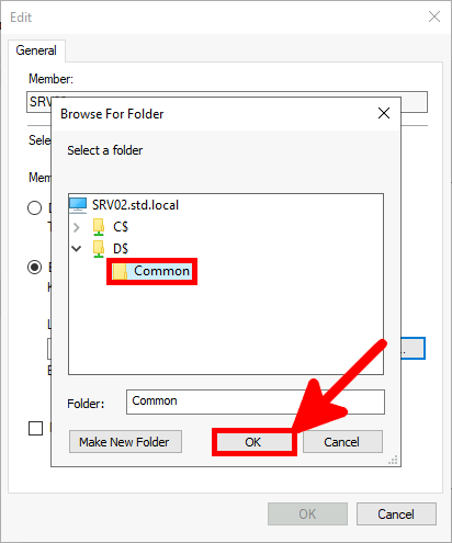 Screenshot of the Browse For Folder dialog for SRV02, showing the Common folder selected and the OK button highlighted to confirm the folder choice.