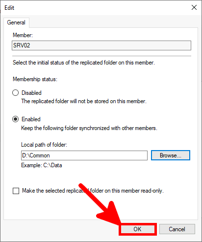 Screenshot of the Edit settings for SRV02, showing the local path set to D:\Common with the Enabled option selected and the OK button highlighted to save the configuration.