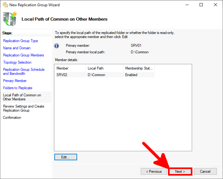 Screenshot of the Local Path of Common on Other Members step, showing SRV02 with the local path D:\Common and the membership status set to Enabled, with the Next button highlighted to continue.