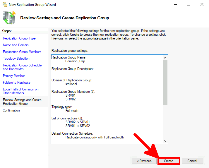 Screenshot of the Review Settings and Create Replication Group step, displaying the replication group settings summary, with the Create button highlighted to initiate the replication group setup.