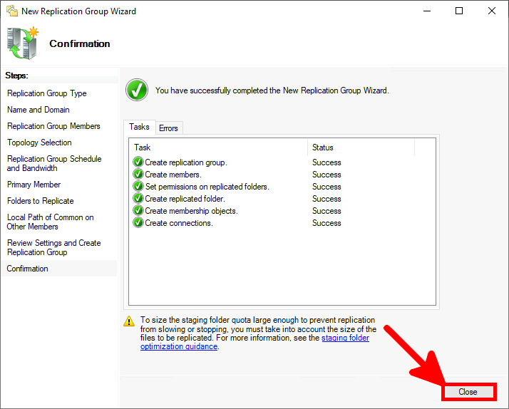 Screenshot of the Confirmation step in the New Replication Group Wizard, showing all tasks completed successfully, with the Close button highlighted to finish the setup.