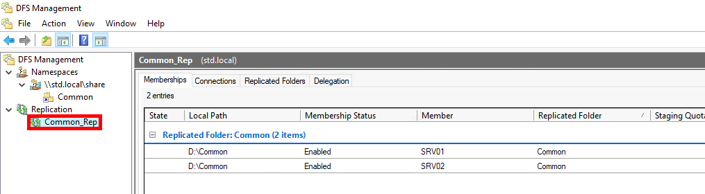 Screenshot of the DFS Management console showing the Common_Rep replication group with two replicated folders on SRV01 and SRV02, both with the local path D:\Common and membership status enabled.