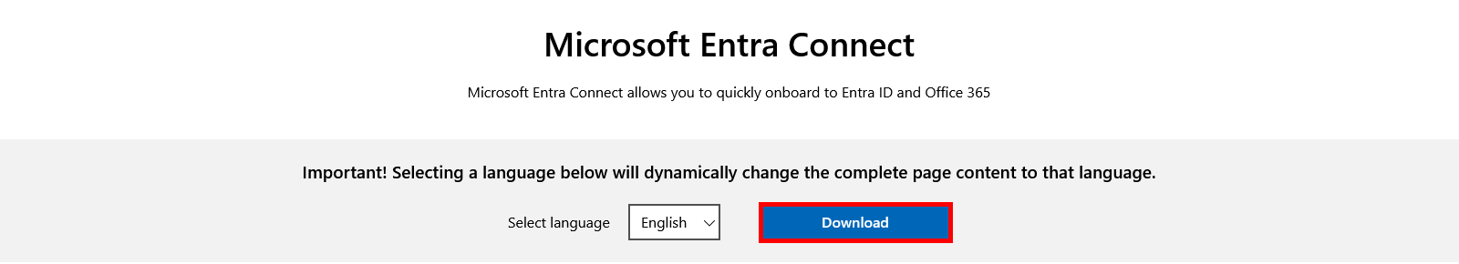 Microsoft Entra Connect download page with language selection and download button highlighted.