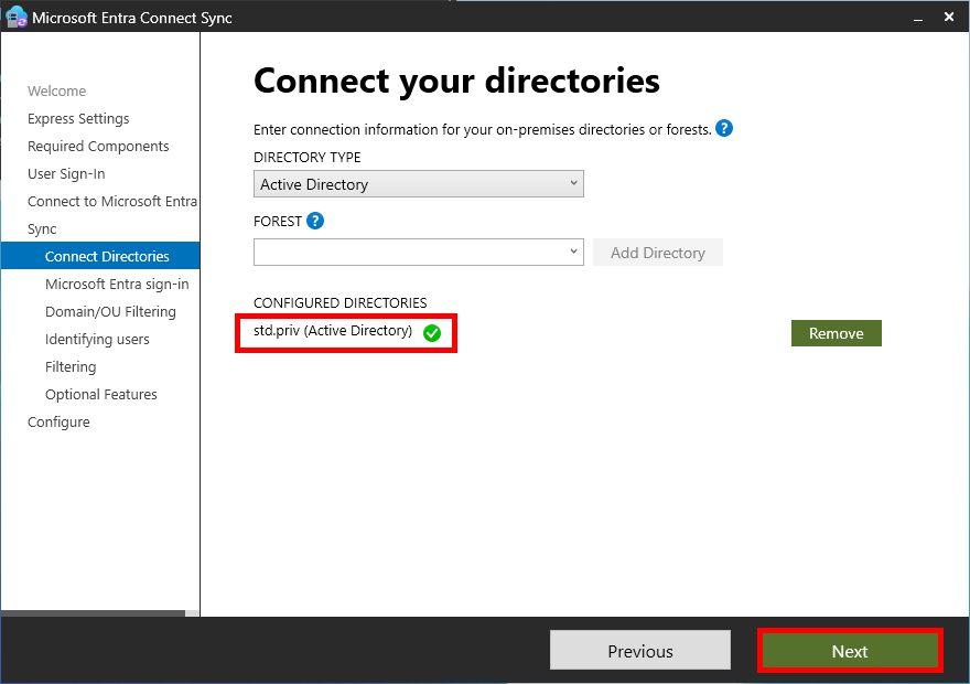 Microsoft Entra Connect Sync screen showing configured directories. The directory 'std.priv (Active Directory)' is listed with a green checkmark, indicating successful configuration. The 'Next' button is highlighted to proceed to the next step.