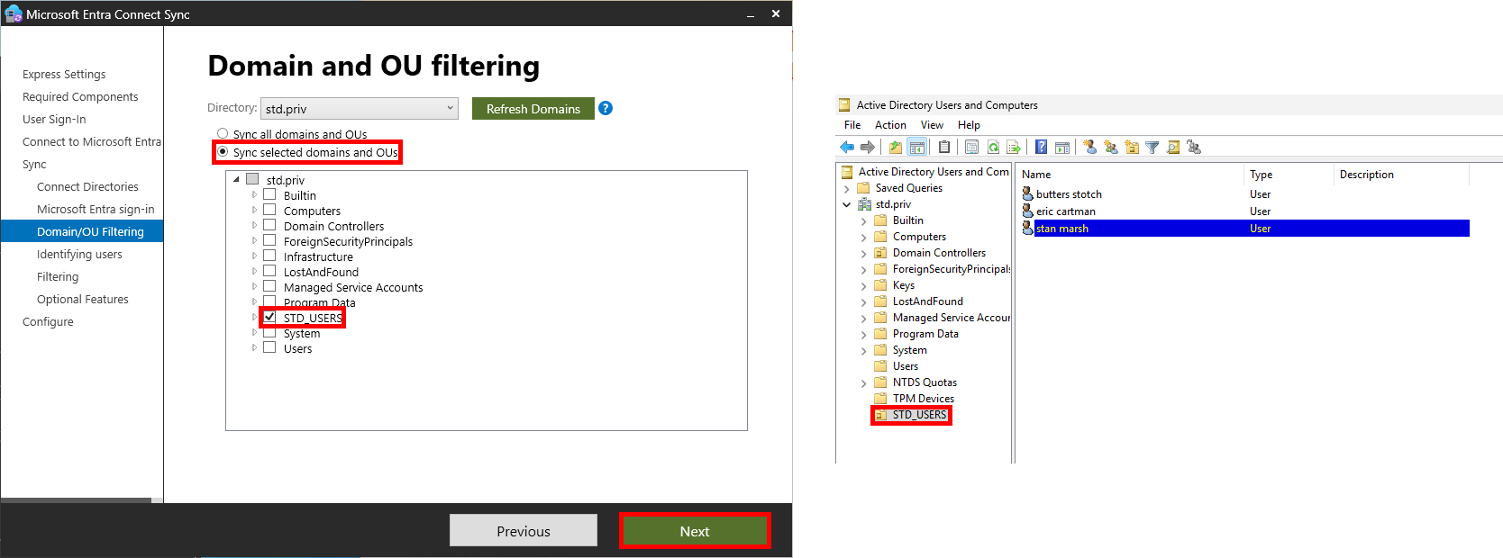 Microsoft Entra Connect Sync screen for Domain and OU filtering. The option to 'Sync selected domains and OUs' is chosen, with 'STD_USERS' selected for synchronization. On the right, an Active Directory window displays user accounts under the 'STD_USERS' organizational unit. The 'Next' button is highlighted to proceed.