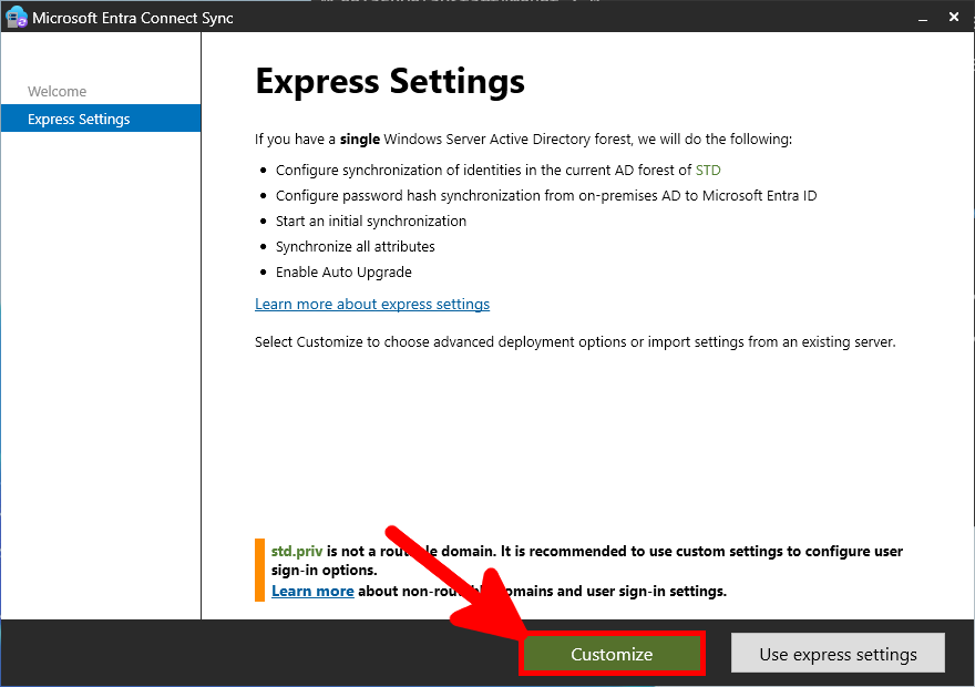 Microsoft Entra Connect Sync Express Settings screen. The page describes the default configuration steps for synchronizing a single Active Directory forest. A highlighted arrow points to the 'Customize' button, suggesting users can select advanced deployment options instead of using express settings.