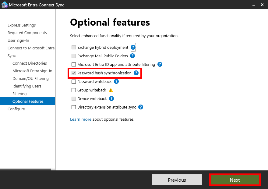 Microsoft Entra Connect Sync screen for selecting optional features. 'Password hash synchronization' is checked, indicating it is enabled. Other options include Exchange hybrid deployment, password writeback, and device writeback. The 'Next' button is highlighted to proceed.