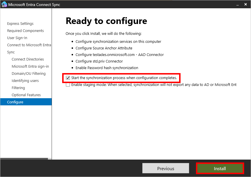 Microsoft Entra Connect Sync screen indicating readiness to configure. The option 'Start the synchronization process when configuration completes' is checked. The list outlines configuration tasks, including enabling password hash synchronization and setting up connectors. The 'Install' button is highlighted to begin the process.