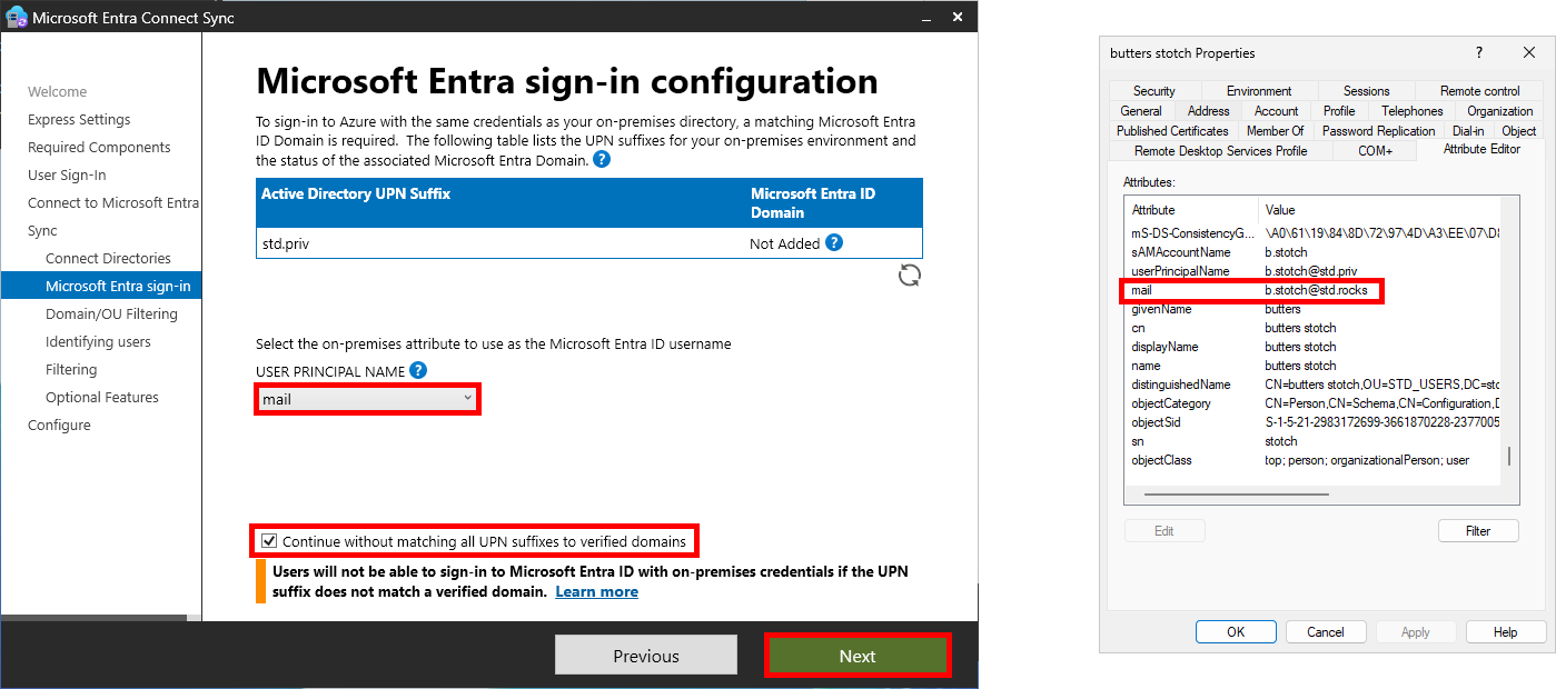 Microsoft Entra Connect Sync sign-in configuration screen. It shows mapping of Active Directory UPN suffix 'std.priv' to Microsoft Entra ID domain. The 'User Principal Name' is set to use the 'mail' attribute. Checkbox to continue without matching all UPN suffixes is selected. On the right, an attribute editor window displays user details, including the 'mail' attribute.