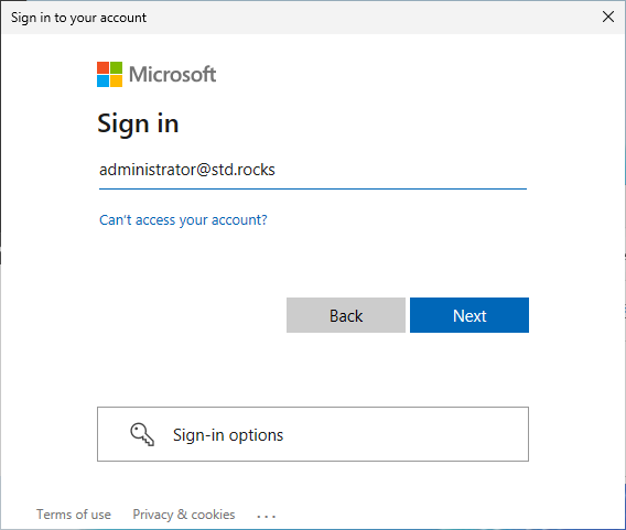 Microsoft sign-in prompt asking for credentials. The username 'administrator@std.rocks' is pre-filled. Users are instructed to proceed by clicking 'Next' or access other sign-in options.