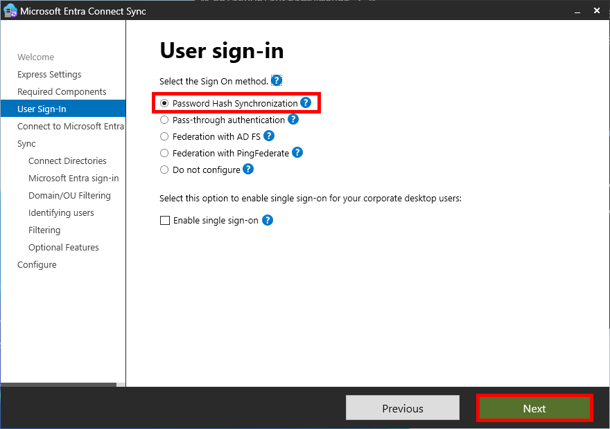 Microsoft Entra Connect Sync screen for User Sign-In options. The selected method is 'Password Hash Synchronization,' highlighted as a preferred option for enabling seamless sign-in. Other options include pass-through authentication, federation with AD FS, and PingFederate. The 'Next' button is highlighted to proceed.