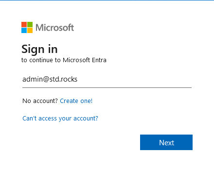 Microsoft Entra login screen with a sample email address and options to create an account or recover access.