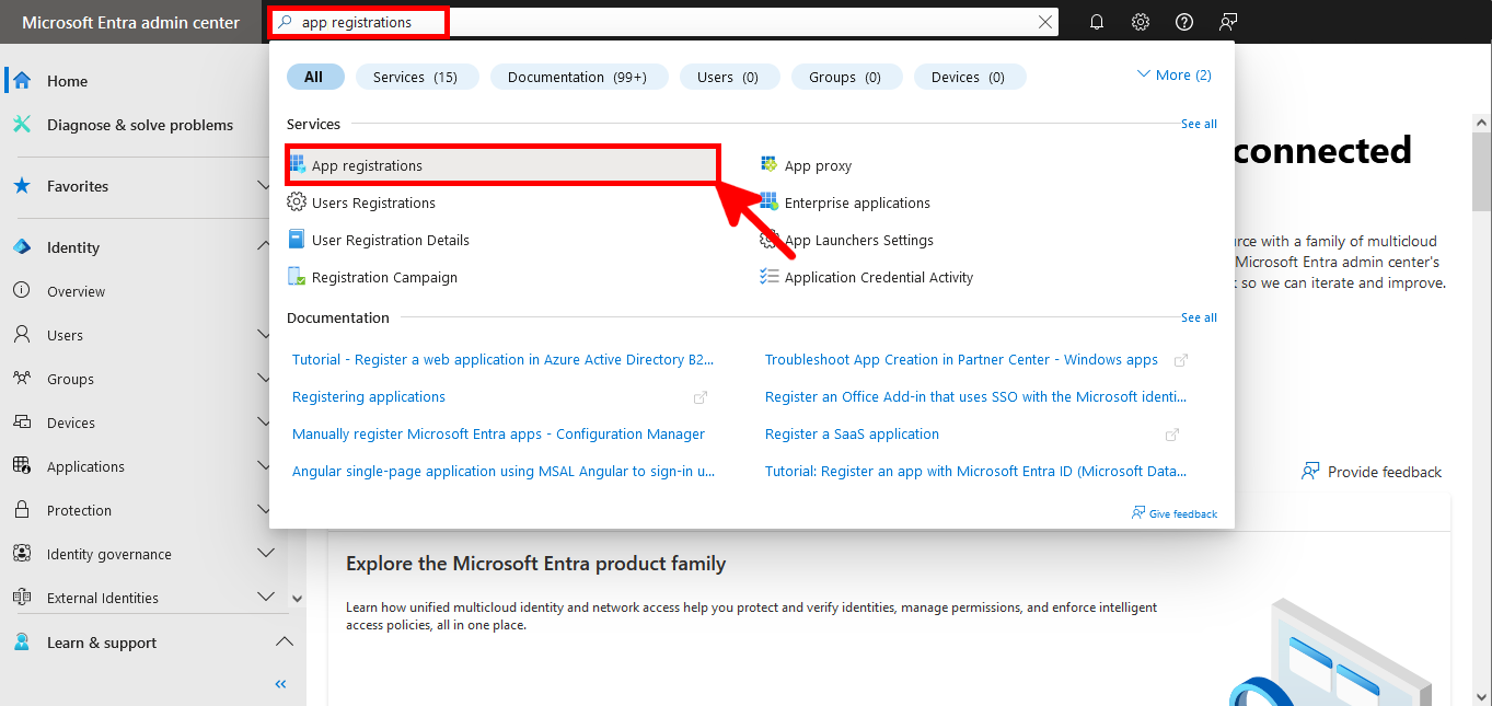 Screenshot of the Microsoft Entra admin center showing the search for 'App registrations' and the highlighted option in the dropdown menu.