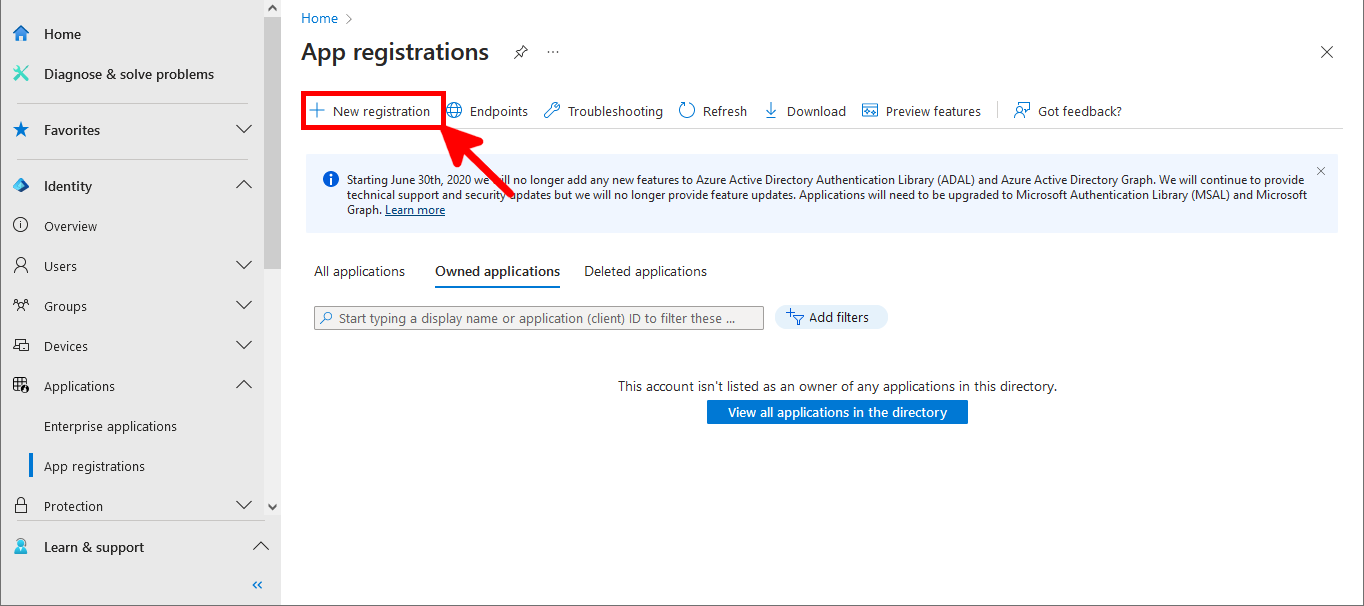 Screenshot of the App registrations page in Microsoft Entra admin center highlighting the New registration button