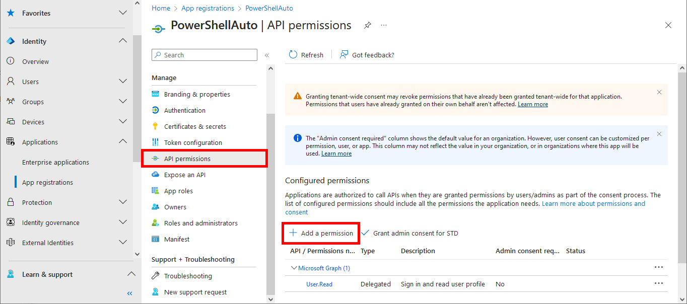 Screenshot of the API permissions page in Microsoft Entra highlighting the Add a permission button and API permissions section for PowerShellAuto application.