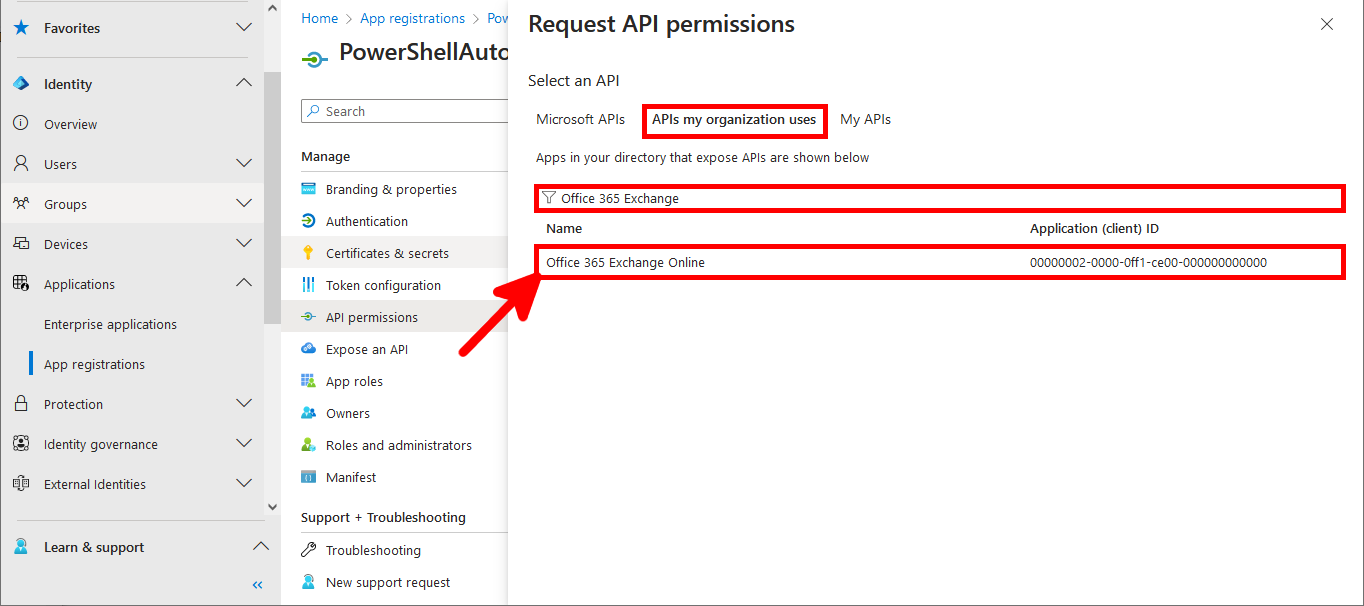 Screenshot of the Request API permissions page in Microsoft Entra highlighting APIs my organization uses tab with Office 365 Exchange Online API selected.