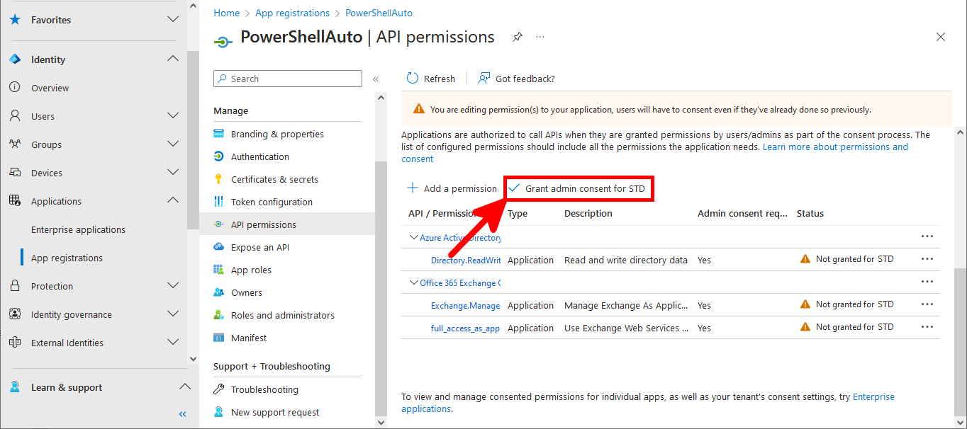 Screenshot of the API permissions page in Microsoft Entra highlighting the Grant admin consent for STD button and listed permissions for PowerShellAuto application