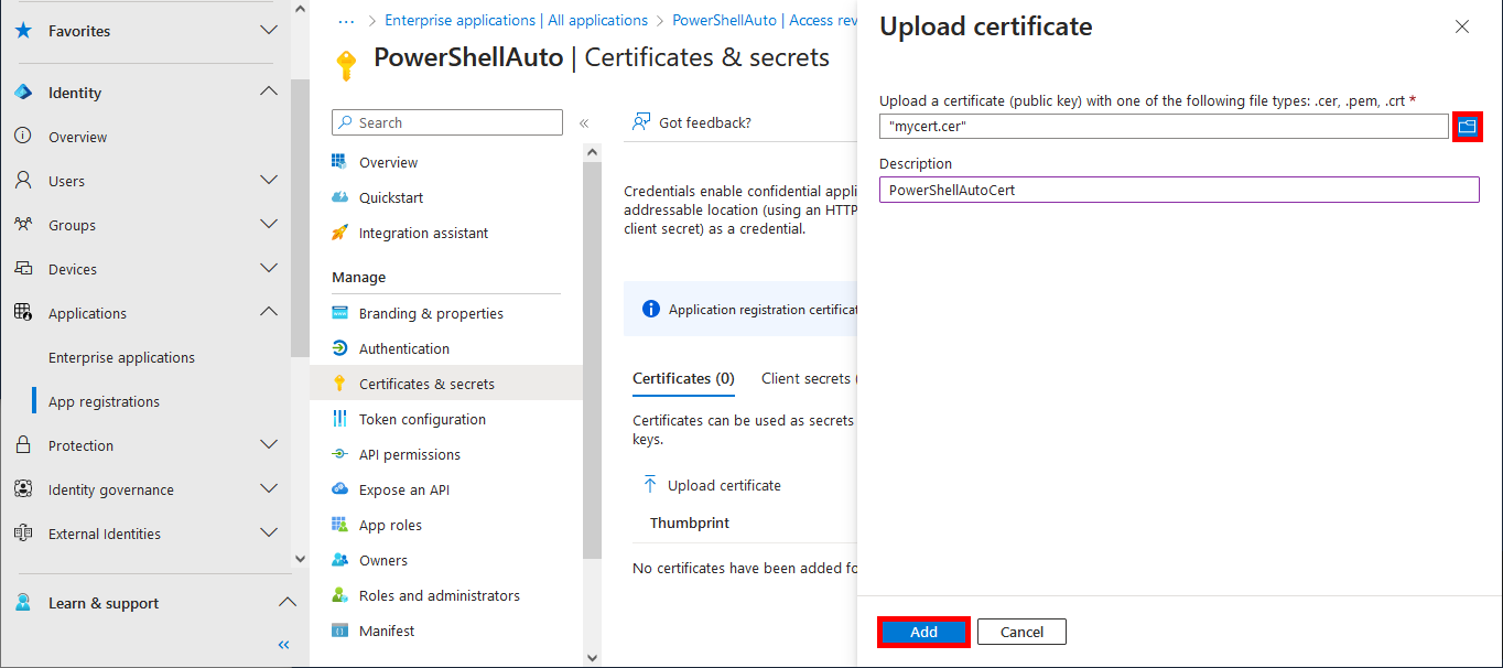 Screenshot of the Upload certificate dialog in Microsoft Entra with a certificate file selected and a description PowerShellAutoCert entered, highlighting the Add button.