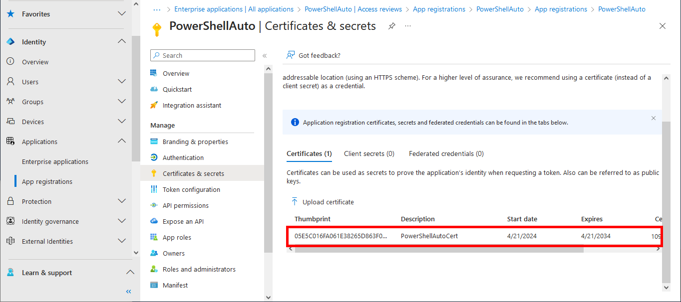 Screenshot of the Certificates and secrets page in Microsoft Entra showing a successfully uploaded certificate with description PowerShellAutoCert and expiration date displayed.