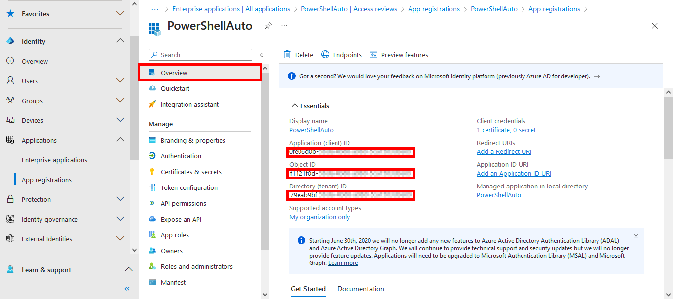 Screenshot of the Overview page in Microsoft Entra showing application details such as Application client ID, Object ID, and Directory tenant ID for PowerShellAuto application.