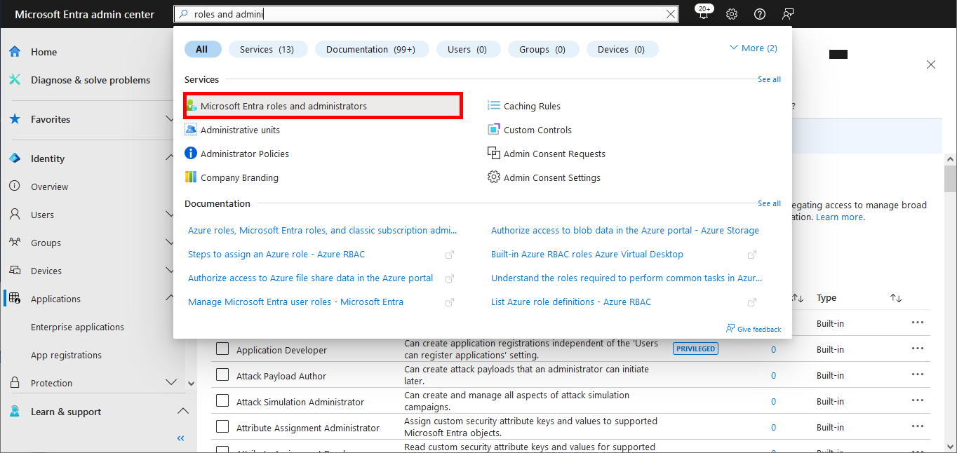 Screenshot of the Microsoft Entra admin center showing search results for roles and administrators with Microsoft Entra roles and administrators option highlighted.