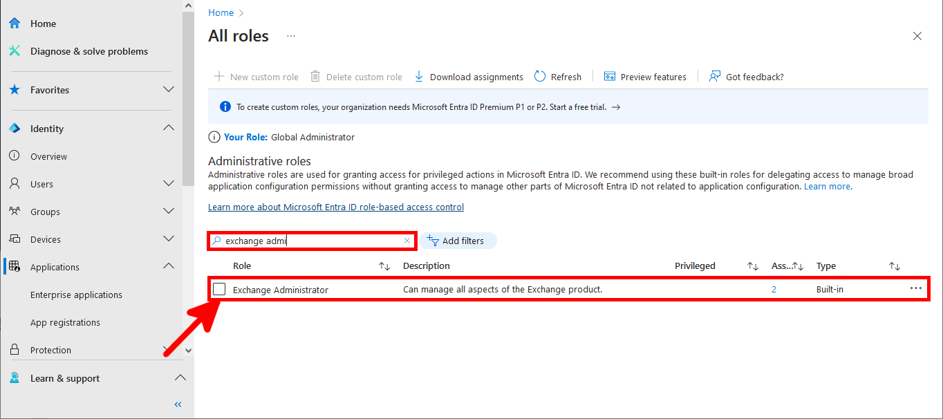 Screenshot of the All roles page in Microsoft Entra showing search results for exchange admin and highlighting the Exchange Administrator role with its description and type as built-in.