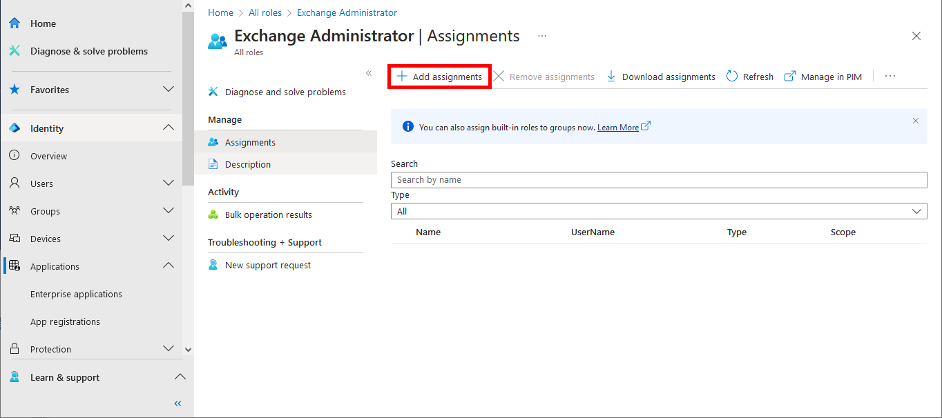 Screenshot of the Exchange Administrator assignments page in Microsoft Entra highlighting the Add assignments button to assign roles to users or groups.