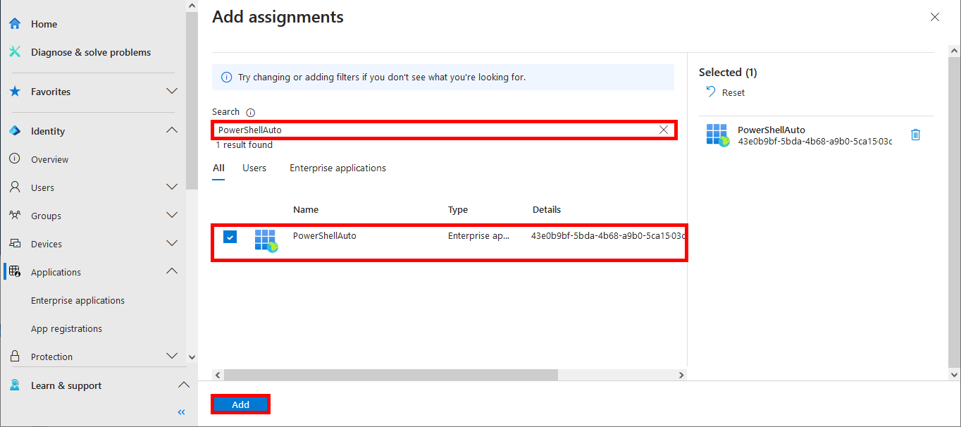 Screenshot of the Add assignments dialog in Microsoft Entra showing the PowerShellAuto enterprise application selected for assignment with the Add button highlighted.