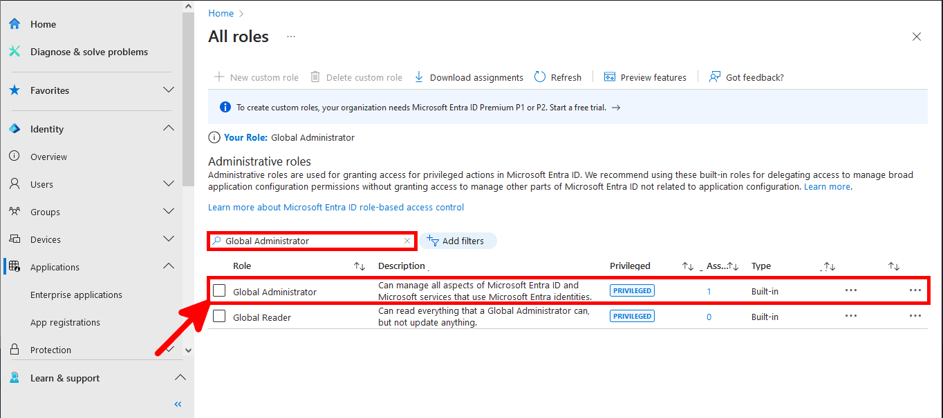 Screenshot of the All roles page in Microsoft Entra showing search results for Global Administrator and highlighting the role with its description and privileged status.