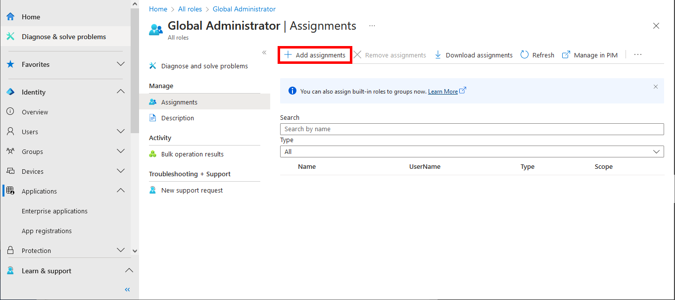 Screenshot of the Global Administrator assignments page in Microsoft Entra highlighting the Add assignments button to assign the role to users or groups.