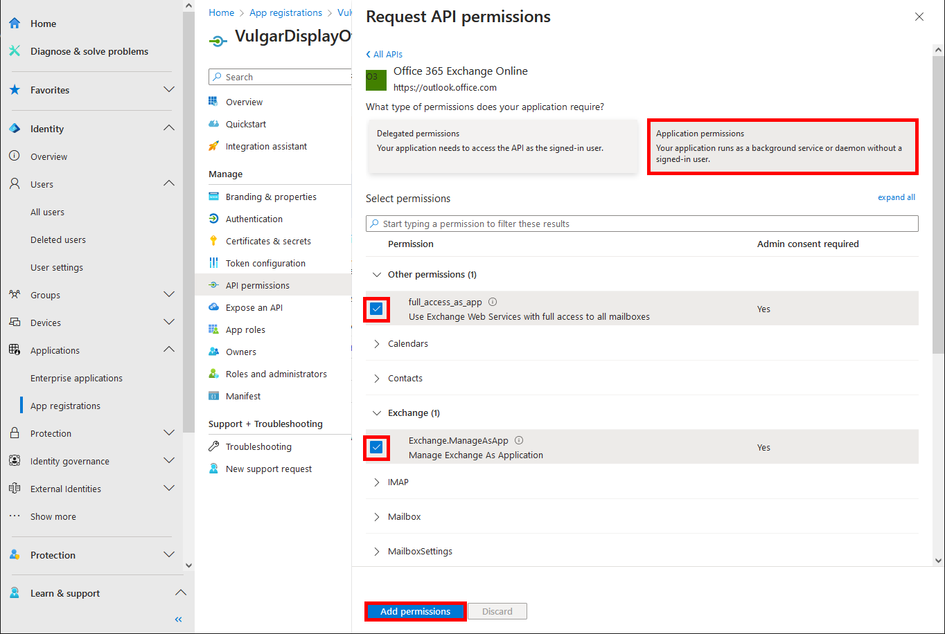 Screenshot of the Request API permissions page in Microsoft Entra showing application permissions for Office 365 Exchange Online with full_access_as_app and Exchange.ManageAsApp permissions selected.