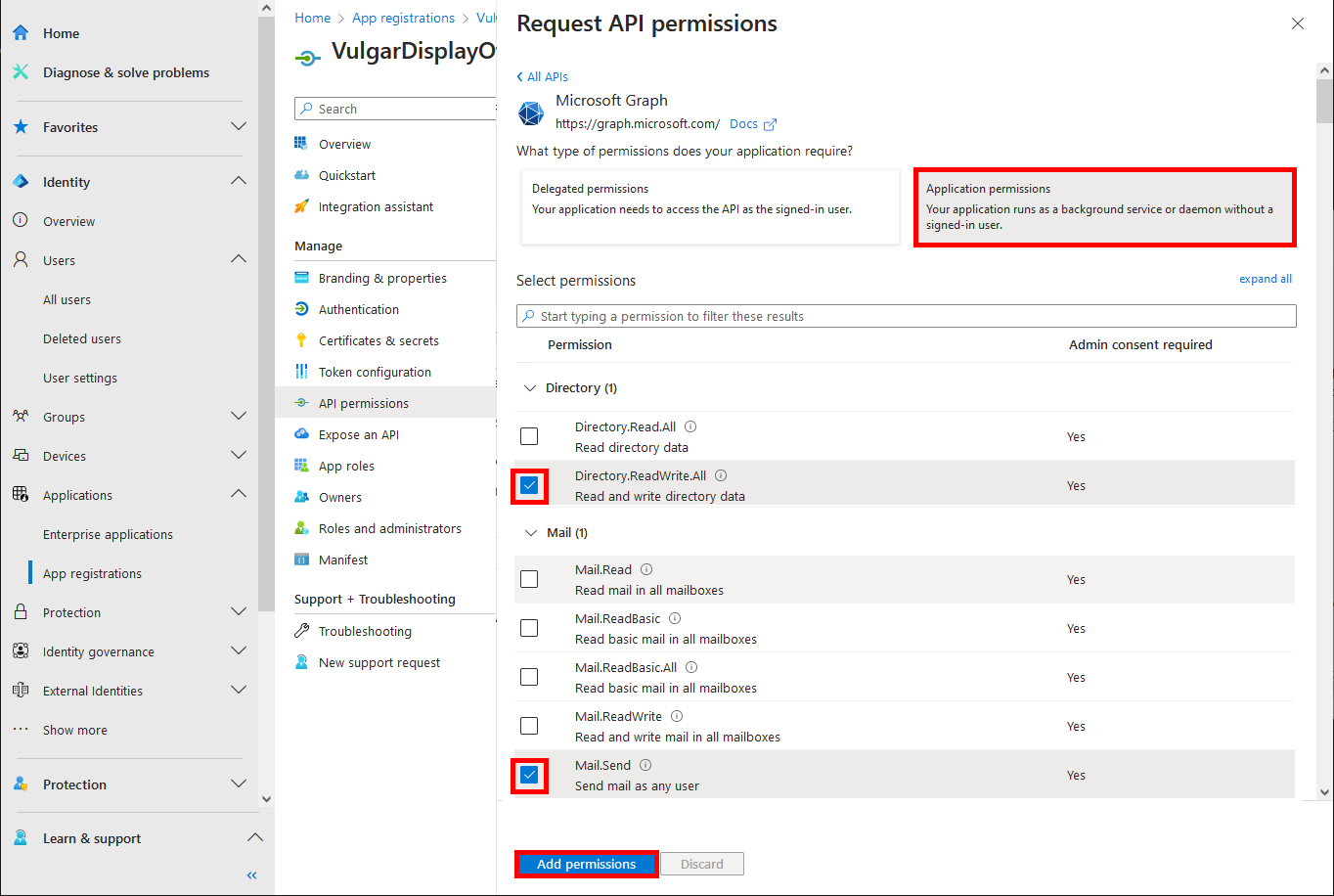 Screenshot of the Request API permissions page in Microsoft Entra selecting application permissions Directory.ReadWrite.All and Mail.Send for Microsoft Graph API with Add permissions button highlighted.