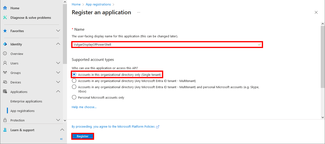 Screenshot of the Register an application page in Microsoft Entra with the name field set to VulgarDisplayOfPowerShell and single tenant option selected.