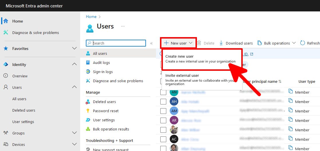 Microsoft Entra admin center showing 'New user' dropdown menu with 'Create new user' option highlighted in the Users section