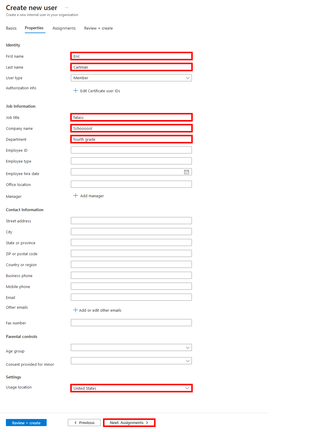 Microsoft Entra admin center Create new user screen with filled job and personal details for Eric Cartman including job title, company name, and department