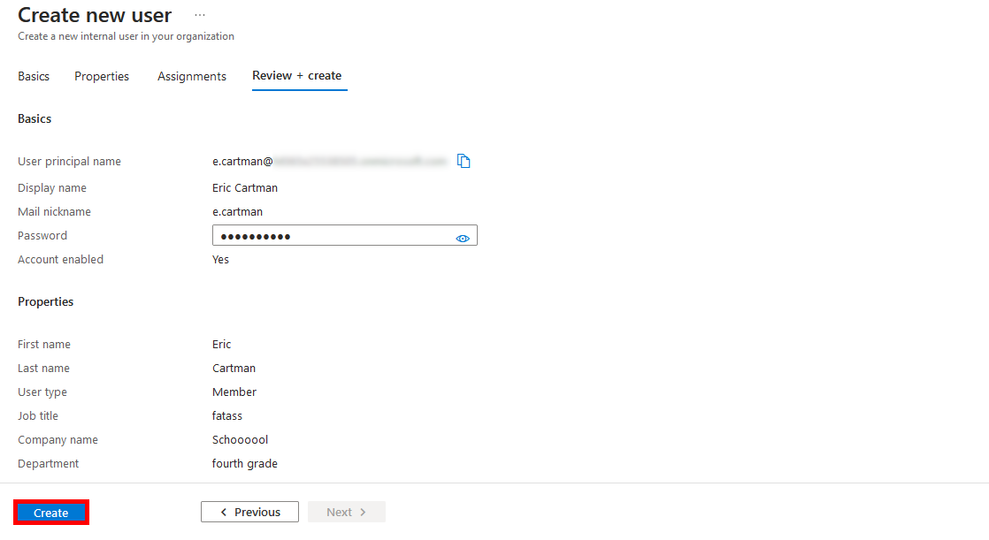 Microsoft Entra admin center Create new user final review screen for Eric Cartman with user details and Create button highlighted