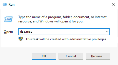 Screenshot of the Windows Run dialog box with the dsa.msc command to open the Active Directory Users and Computers console.