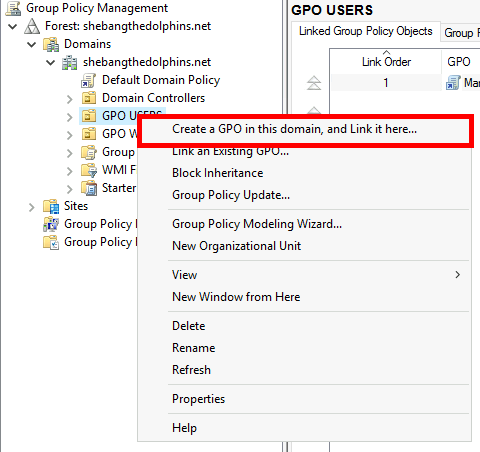 Screenshot of Group Policy Management with the option to create a GPO in the domain and link it to an organizational unit.