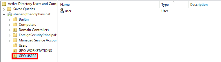 Screenshot of Active Directory Users and Computers showing a GPO USERS organizational unit with a user account.