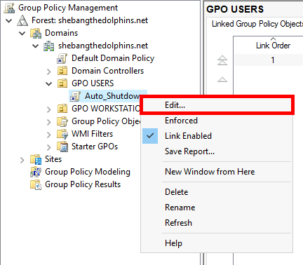 Screenshot of Group Policy Management with the Edit option highlighted for the Auto_Shutdown GPO.