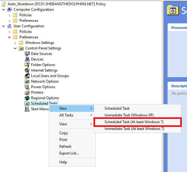 Screenshot of Group Policy Management Editor with the option to create a new Scheduled Task (At least Windows 7) highlighted.